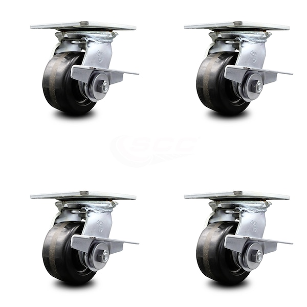 4 Inch Heavy Duty Phenolic Caster Set with Ball Bearings and Brakes SCC